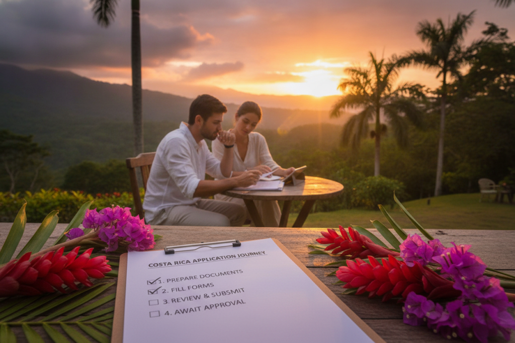 A serene Costa Rican landscape depicting a step-by-step guide to submitting an application. In the foreground, a detailed checklist laid out on a wooden table, surrounded by tropical plants and flowers. In the middle ground, a couple in casual, modest clothing reviewing their application documents, with focused expressions, symbolizing the importance of the process. Behind them, a soft-focus image of a beautiful Costa Rican sunset, casting warm, natural light across the scene. A subtle lens flare adds a touch of warmth and optimism. The atmosphere is calm and encouraging, inviting viewers to engage with the application process. The composition is well-balanced, with clear separation between each layer, ensuring the viewer’s attention is drawn to the checklist and the couple.