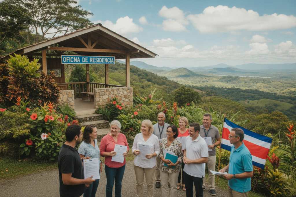 A serene Costa Rican landscape depicting a transitional moment between temporary and permanent residency. In the foreground, a diverse group of casually dressed individuals stands together, smiling and discussing while holding paperwork and a Costa Rican flag, symbolizing their journey. In the middle ground, a welcoming building with a sign indicating "Residency Office," alongside vibrant tropical plants and flowers, adds to the atmosphere of hope and opportunity. The background features a picturesque view of lush green hills and clear blue skies, highlighting the beauty of Costa Rica. The scene is illuminated by soft, natural sunlight, creating a warm and inviting mood. The image captures a sense of optimism and community in this pivotal moment of life.