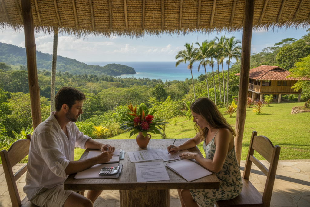A serene Costa Rican landscape depicting cost considerations for residency applications. In the foreground, a casually dressed couple examines financial documents on a wooden table adorned with tropical flowers. In the middle ground, a vibrant scenery of lush greenery and a hint of the ocean can be seen, illustrating the beauty of life in Costa Rica. The background features a traditional Costa Rican home tucked amidst palm trees under a clear blue sky. Soft, natural light enhances the scene, casting gentle shadows. The mood is optimistic and inviting, reflecting the essence of living in this paradise while addressing practical financial aspects. Use a slightly elevated angle to capture both the couple and the surrounding beauty. A serene Costa Rican landscape depicting cost considerations for residency applications. In the foreground, a casually dressed couple examines financial documents on a wooden table adorned with tropical flowers. In the middle ground, a vibrant scenery of lush greenery and a hint of the ocean can be seen, illustrating the beauty of life in Costa Rica. The background features a traditional Costa Rican home tucked amidst palm trees under a clear blue sky. Soft, natural light enhances the scene, casting gentle shadows. The mood is optimistic and inviting, reflecting the essence of living in this paradise while addressing practical financial aspects. Use a slightly elevated angle to capture both the couple and the surrounding beauty.