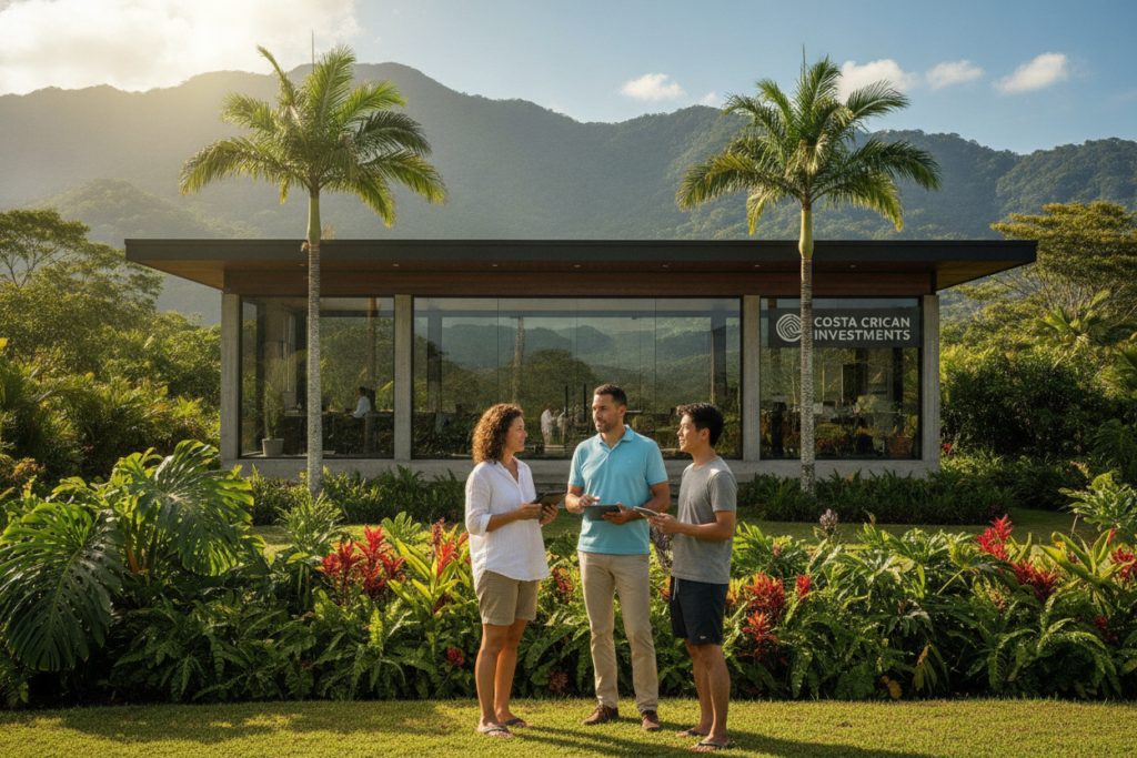 A serene Costa Rican landscape depicting the "Inversionista Residency Investment Pathway." In the foreground, a diverse group of three people—two men and one woman—casually dressed in lightweight summer clothing, stand together discussing investment opportunities, with a backdrop featuring lush greenery and tropical plants. The middle ground showcases a modern investment office with large windows revealing the stunning mountains and blue sky beyond, while a few elegant palm trees frame the scene. The background captures a bright, sunlit day, with soft, natural light enhancing the vibrant colors of the landscape. The mood is optimistic and welcoming, reflecting the pursuit of opportunity in a beautiful setting, emphasizing the allure of Costa Rica for potential investors. A serene Costa Rican landscape depicting the "Inversionista Residency Investment Pathway." In the foreground, a diverse group of three people—two men and one woman—casually dressed in lightweight summer clothing, stand together discussing investment opportunities, with a backdrop featuring lush greenery and tropical plants. The middle ground showcases a modern investment office with large windows revealing the stunning mountains and blue sky beyond, while a few elegant palm trees frame the scene. The background captures a bright, sunlit day, with soft, natural light enhancing the vibrant colors of the landscape. The mood is optimistic and welcoming, reflecting the pursuit of opportunity in a beautiful setting, emphasizing the allure of Costa Rica for potential investors.