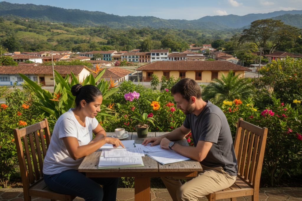 A serene Costa Rican landscape depicting the journey from marriage to citizenship. In the foreground, a diverse couple in modest casual clothing is seated at an outdoor table, reviewing documents, symbolizing the process of applying for citizenship. The woman, of Costa Rican descent, is pointing to the paperwork with a look of determination, while the man, an expatriate, is examining the forms intently. In the middle ground, lush tropical plants and colorful flowers frame the scene, creating a warm, inviting atmosphere. The background features a picturesque view of a Costa Rican town with vibrant colonial architecture under clear blue skies, bathed in soft, natural light. The image evokes a sense of hope and collaboration, highlighting the essence of unity in the pursuit of citizenship.