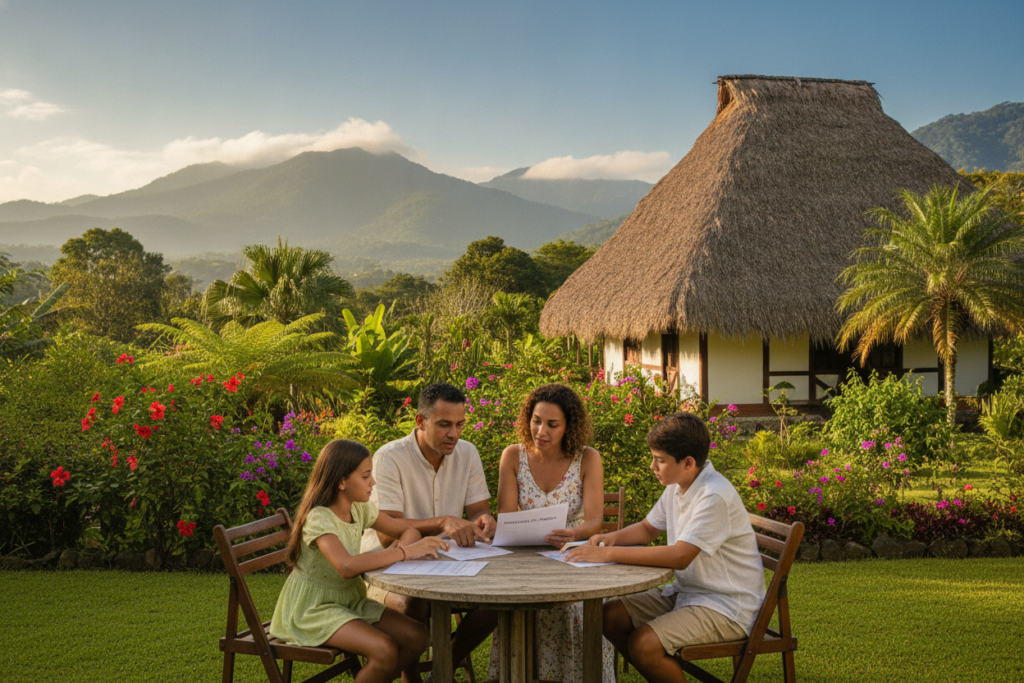 A serene Costa Rican landscape featuring a cozy family gathering in a lush garden, demonstrating the importance of family considerations in residency applications. In the foreground, a diverse family of four—parents and two children—are seated at a wooden table, engaged in a meaningful conversation while reviewing documents. The middle ground showcases vibrant tropical plants and flowers, adding color and life to the scene. In the background, a traditional Costa Rican home with a thatched roof can be seen, with mountains softly visible under a bright blue sky. The scene is bathed in warm, natural light, creating an inviting and supportive atmosphere. The clothing is casual, reflecting a relaxed environment that emphasizes the value of family in the residency process.