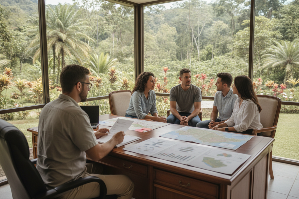 A serene Costa Rican landscape featuring a cozy office setup with a large window showing lush greenery outside. In the foreground, a thoughtful advisor wearing modest casual clothing sits at a desk, reviewing personalized residency application documents. Various charts and Costa Rican maps are neatly arranged on the desk, reflecting tailored guidance. In the middle, a diverse group of individuals—two men and a woman—gather around the desk, discussing their unique circumstances with engaged expressions. The background shows a bright, sunlit garden filled with tropical plants, conveying a sense of warmth and support. The scene is illuminated with natural light, creating a welcoming and professional atmosphere, captured from a soft focus angle to enhance the focus on the subjects without distractions.