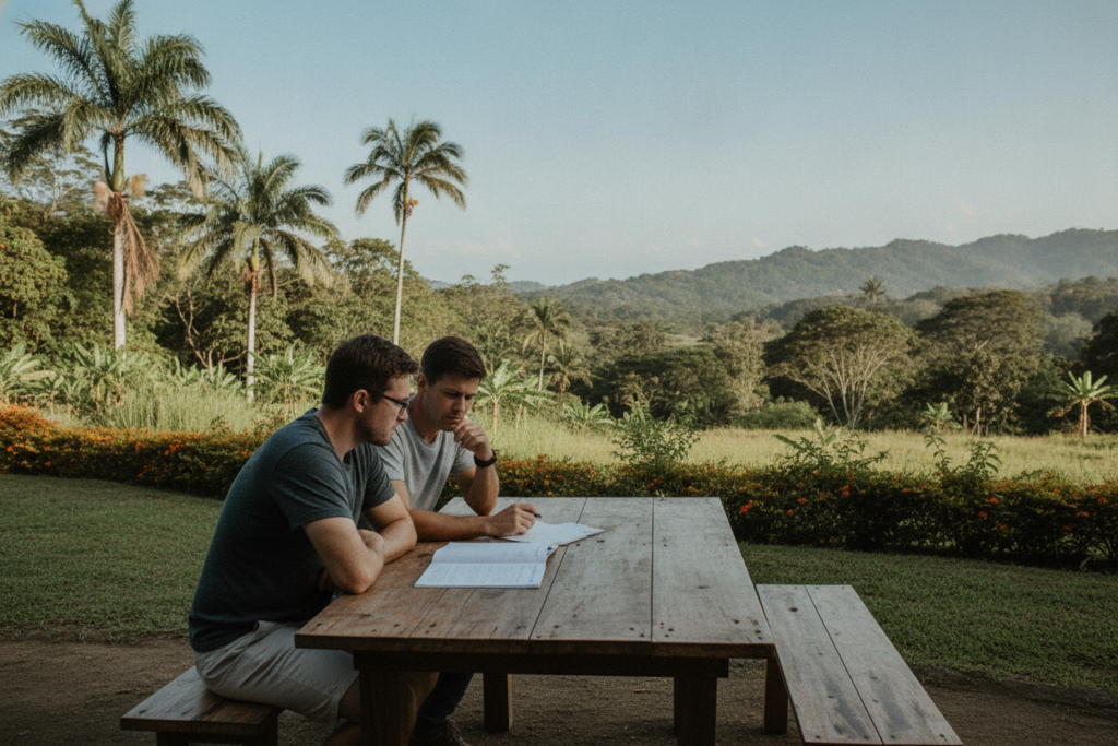 A serene Costa Rican landscape featuring a cozy outdoor table set against a vibrant tropical backdrop. In the foreground, a casually dressed couple examines a financial document spread across the table, their expressions focused and contemplative. The middle ground showcases lush greenery, a few palm trees, and distant mountains under a clear blue sky, emphasizing the tranquil environment of Costa Rica. Soft, natural light illuminates the scene, casting gentle shadows that enhance the realistic feel. The angle captures both the subjects and the scenic nature around them, creating a harmonious blend of professionalism and relaxation. The mood is optimistic and thoughtful, reflecting the importance of financial planning for retirement in Costa Rica.