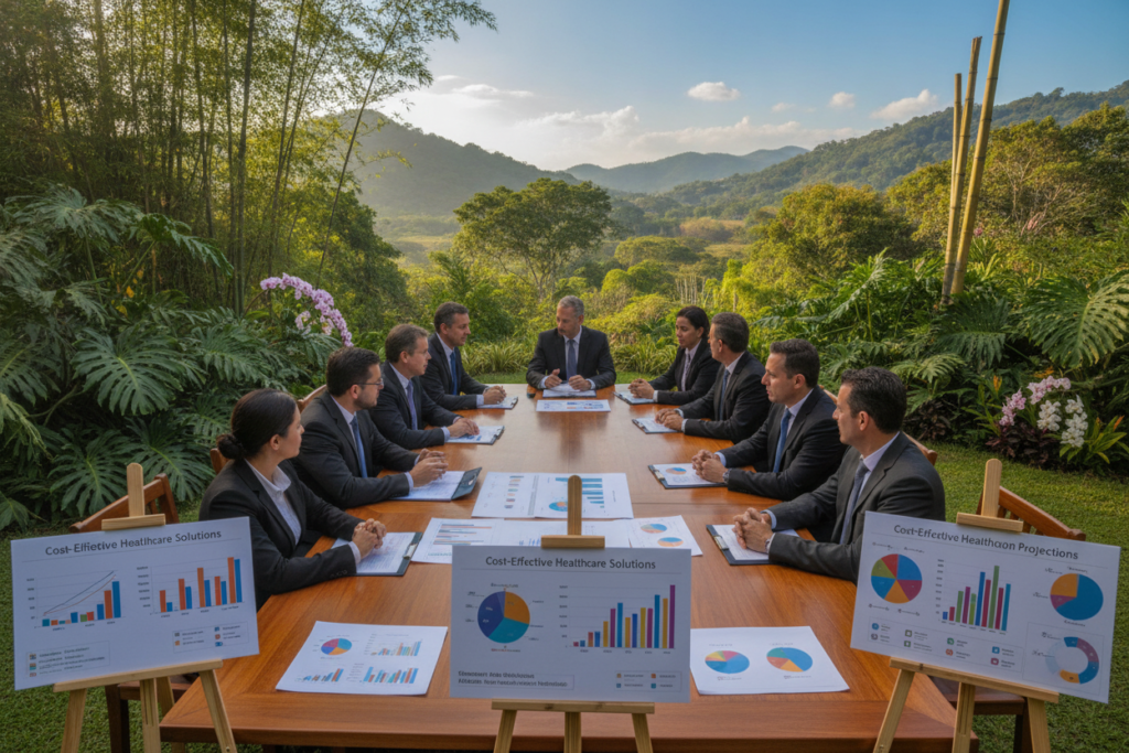 A serene Costa Rican landscape featuring a diverse group of individuals in professional business attire gathered around a large, open table with documents and digital tablets, discussing strategies for reducing healthcare contributions. The foreground showcases charts and graphs illustrating cost-effective healthcare options. In the middle, lush tropical plants surround the table, symbolizing the vibrant local environment. In the background, soft rolling hills under a clear blue sky and gentle sunlight create a warm, inviting atmosphere. The composition captures an engaged and collaborative mood, highlighting the proactive approach to healthcare management. Focus on natural lighting and a slightly elevated angle to encompass the group working together harmoniously.