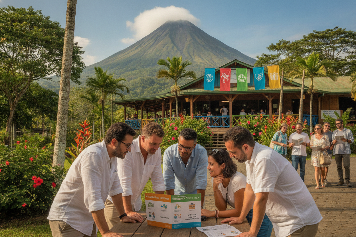 Costa Rican landscape featuring a diverse group of people engaged in discussions about residency categories