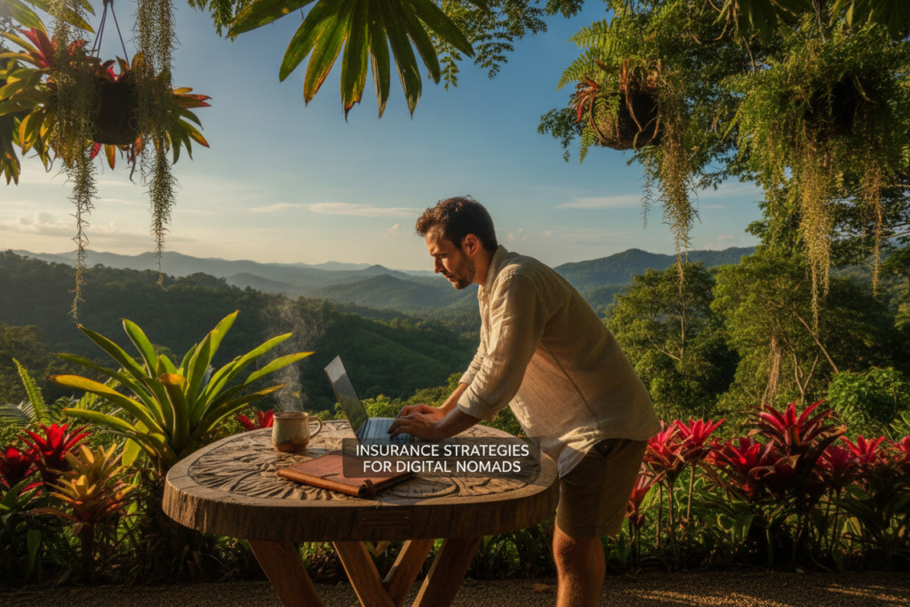 A serene Costa Rican landscape featuring a focused digital nomad working on a laptop at an outdoor café. In the foreground, a young professional dressed in light, modest casual clothing is fully engaged in their work, surrounded by lush tropical plants. In the middle ground, a beautifully crafted wooden table holds a notebook and a coffee cup. The background showcases picturesque rolling hills and vibrant greenery typical of Costa Rica, with a clear blue sky illuminated by warm, natural lighting. Soft sunlight filters through the leaves, casting gentle shadows. The scene conveys a sense of tranquility and focused productivity, aptly representing the insurance strategies for digital nomads and temporary residents in an idyllic setting. A serene Costa Rican landscape featuring a focused digital nomad working on a laptop at an outdoor café. In the foreground, a young professional dressed in light, modest casual clothing is fully engaged in their work, surrounded by lush tropical plants. In the middle ground, a beautifully crafted wooden table holds a notebook and a coffee cup. The background showcases picturesque rolling hills and vibrant greenery typical of Costa Rica, with a clear blue sky illuminated by warm, natural lighting. Soft sunlight filters through the leaves, casting gentle shadows. The scene conveys a sense of tranquility and focused productivity, aptly representing the insurance strategies for digital nomads and temporary residents in an idyllic setting.