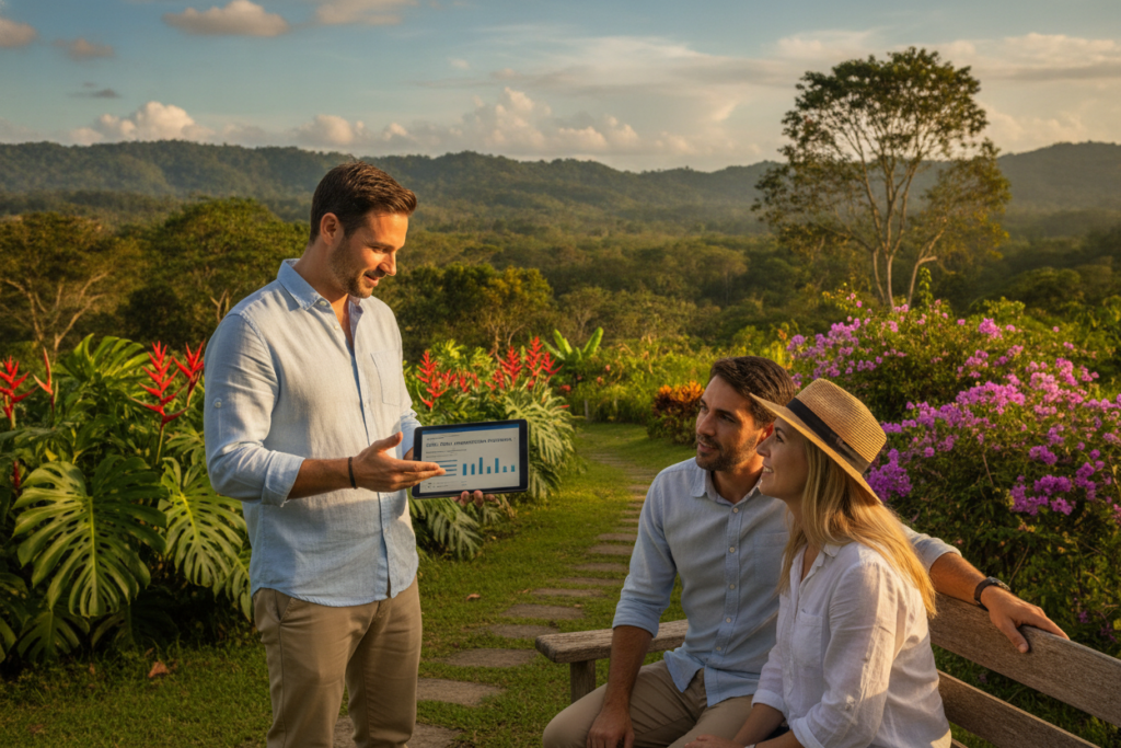 A serene Costa Rican landscape featuring a knowledgeable immigration consultant in a casual, professional outfit, engaged in a conversation with a couple seeking guidance. In the foreground, the consultant is gesturing toward a tablet displaying immigration information, while the couple listens attentively with expressions of relief and interest. The middle ground showcases lush greenery typical of Costa Rica, highlighting tropical plants and vibrant flowers that reflect the country's natural beauty. In the background, a glimpse of blue sky and distant hills adds depth to the scene. The lighting is soft and natural, simulating late afternoon sunlight, creating a warm and inviting atmosphere that emphasizes trust and professionalism. The image should convey a sense of hope and reassurance for those navigating the immigration process. A serene Costa Rican landscape featuring a knowledgeable immigration consultant in a casual, professional outfit, engaged in a conversation with a couple seeking guidance. In the foreground, the consultant is gesturing toward a tablet displaying immigration information, while the couple listens attentively with expressions of relief and interest. The middle ground showcases lush greenery typical of Costa Rica, highlighting tropical plants and vibrant flowers that reflect the country's natural beauty. In the background, a glimpse of blue sky and distant hills adds depth to the scene. The lighting is soft and natural, simulating late afternoon sunlight, creating a warm and inviting atmosphere that emphasizes trust and professionalism. The image should convey a sense of hope and reassurance for those navigating the immigration process.