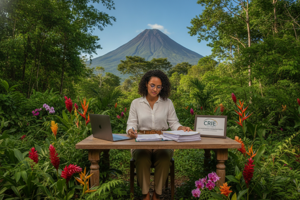 A serene Costa Rican landscape, featuring a lush green jungle with tropical plants and vibrant flowers in the foreground. In the middle, a skilled consultant is reviewing residency documents at a wooden outdoor table, dressed in casual but professional attire. A soft breeze rustles the leaves, while sunlight filters through the canopy, casting dappled shadows. In the background, the silhouette of a tranquil volcano rises against a clear blue sky, providing a sense of stability and expertise. The atmosphere is calm and reassuring, inviting viewers to trust in the long-standing residency experience offered by CRIE. Soft natural lighting enhances the scene, captured with a shallow depth of field to focus on the consultant and documents while gently blurring the background.