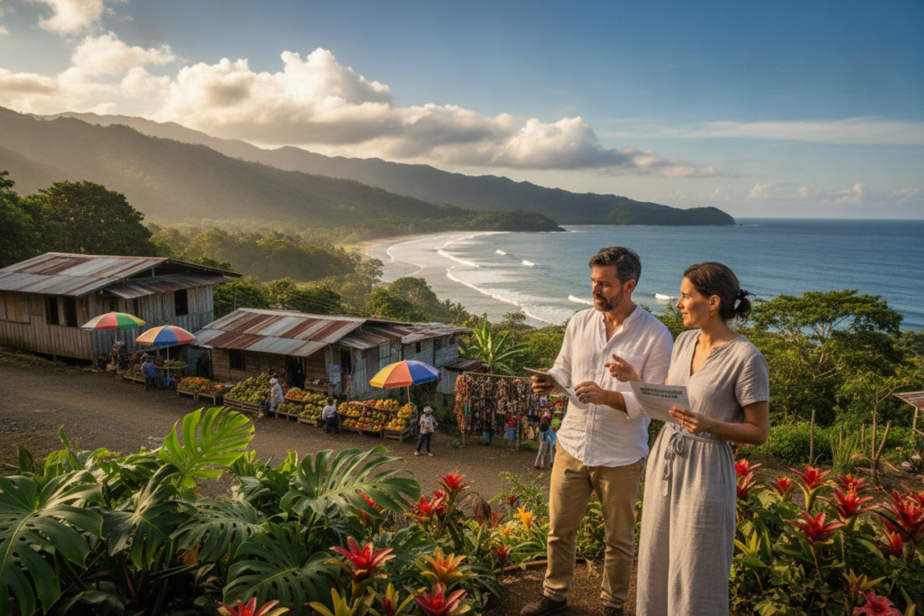 A serene Costa Rican landscape featuring a picturesque view of lush green hills and a bright blue sky dotted with fluffy white clouds. In the foreground, a professional couple dressed in modest casual attire is discussing various residency options, surrounded by tropical plants and colorful flowers. The middle ground showcases iconic elements of Costa Rican culture, like rustic wooden houses and street vendors, symbolizing community and lifestyle. The background displays majestic mountains and a distant view of the coastline, bathed in warm, natural sunlight. The atmosphere is welcoming and vibrant, evoking a sense of adventure and opportunity, perfect for exploring residency categories in Costa Rica. Capture this using a realistic style with soft focus to enhance the peaceful ambiance. A serene Costa Rican landscape featuring a picturesque view of lush green hills and a bright blue sky dotted with fluffy white clouds. In the foreground, a professional couple dressed in modest casual attire is discussing various residency options, surrounded by tropical plants and colorful flowers. The middle ground showcases iconic elements of Costa Rican culture, like rustic wooden houses and street vendors, symbolizing community and lifestyle. The background displays majestic mountains and a distant view of the coastline, bathed in warm, natural sunlight. The atmosphere is welcoming and vibrant, evoking a sense of adventure and opportunity, perfect for exploring residency categories in Costa Rica. Capture this using a realistic style with soft focus to enhance the peaceful ambiance.