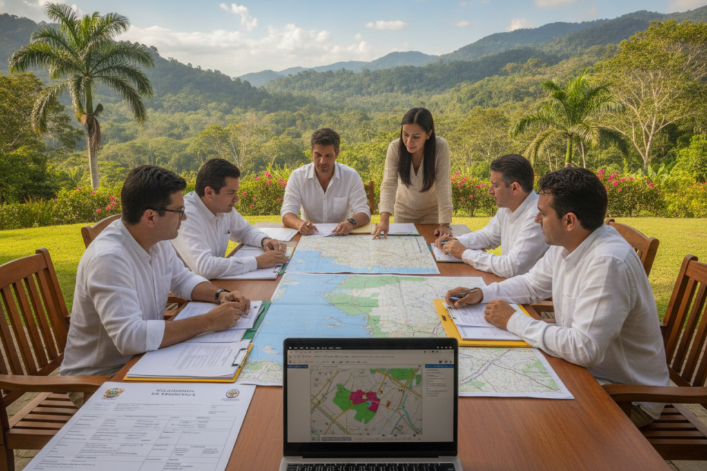 A serene Costa Rican landscape featuring a professional-looking office setting outdoors, where a diverse group of people, dressed in modest casual attire, are gathered around a large table reviewing immigration documents and maps. In the foreground, close-up details of Costa Rican immigration forms and a laptop displaying relevant information. In the middle ground, people engaged in discussion, with expressions of focus and collaboration. The background shows lush green hills and tropical plants, with vibrant blue skies, creating a calm and inviting atmosphere. The scene is illuminated by soft, natural sunlight, highlighting the rich colors of the environment. The angle is slightly elevated to capture both the participants and the majestic surroundings, emphasizing the context of understanding immigration regulations in Costa Rica.