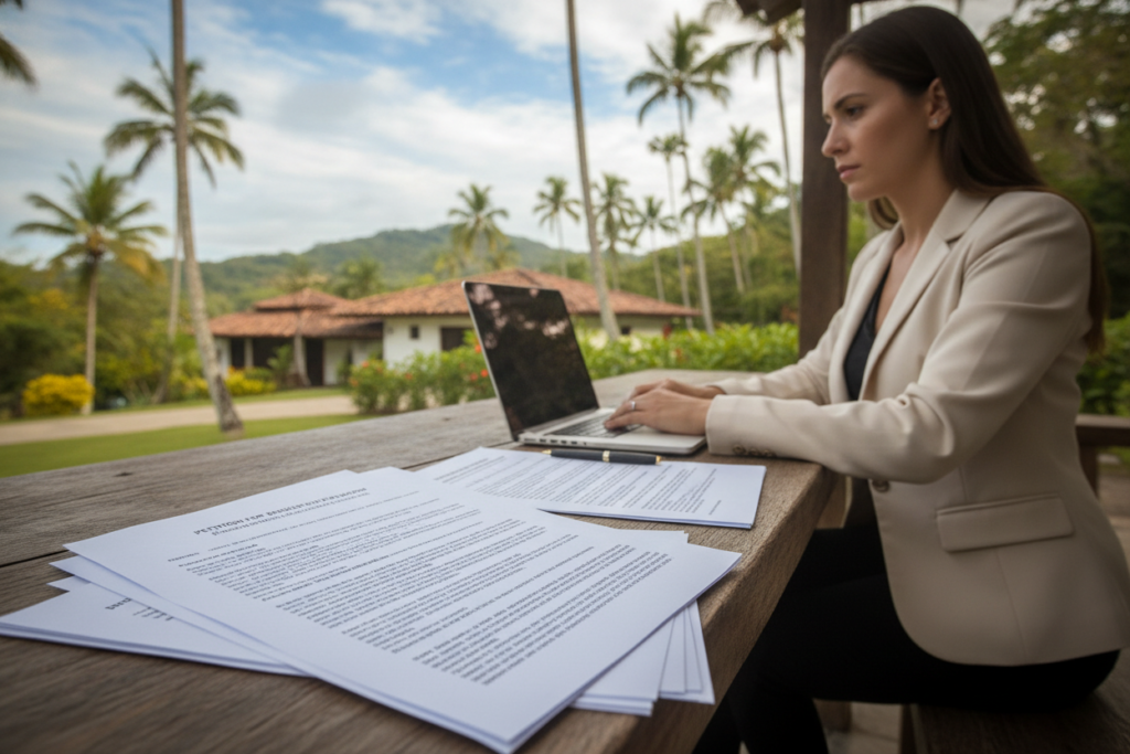 A serene Costa Rican landscape featuring a professional woman in modest business attire, sitting at a wooden table with divorce papers and a laptop open in front of her. In the foreground, close-up of the papers, revealing intricate legal documents and residency forms. In the middle ground, a calming view of palm trees and a blue sky filtered through soft, natural lighting, suggesting a peaceful yet serious atmosphere. In the background, a glimpse of a beautiful Costa Rican villa, symbolizing residency. Use a shallow depth of field to focus on the woman and documents while gently blurring the background, creating a balanced composition that conveys professionalism and the dual nature of navigating divorce and residency requirements.