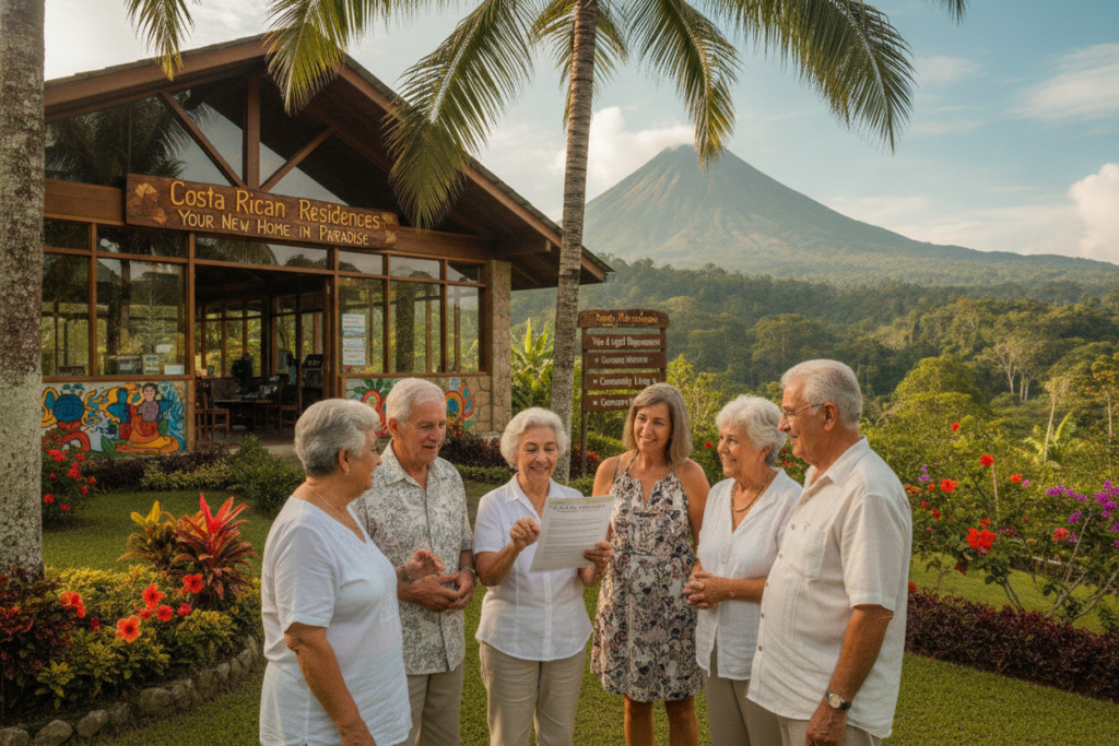 A serene Costa Rican landscape featuring a quaint retirement community, nestled among lush greenery and vibrant tropical flowers. In the foreground, a diverse group of retirees in casual attire engages in conversation, discussing residency requirements, with one person holding a document. In the middle ground, a welcoming community center is visible, adorned with local art and signage about residency. The background showcases the stunning landscapes of Costa Rica, including rolling hills and the distant silhouette of a volcano under a clear blue sky. Soft, natural lighting enhances the warm atmosphere, inviting a sense of tranquility and community. The focus is on the retirees, reflecting a spirit of connection and optimism about their new lives in Costa Rica.