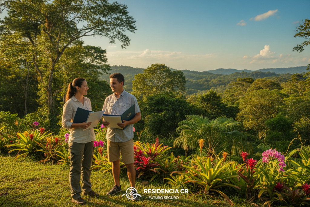 A serene Costa Rican landscape featuring a researcher and a teacher standing together near a lush, green environment, symbolizing the theme of maintaining legal residency benefits. In the foreground, the two figures, casually dressed, engage in conversation while holding documents that represent residency applications, showcasing a sense of community and support. The middle ground depicts vibrant tropical vegetation, with colorful flowers and trees that embody the richness of Costa Rica's nature. In the background, a clear blue sky and rolling hills create a sense of tranquility. The scene is illuminated by warm, natural light, casting gentle shadows and enhancing the warm vibes of cooperation and future growth. The mood is optimistic and encouraging, reflecting the long-term benefits of residency.