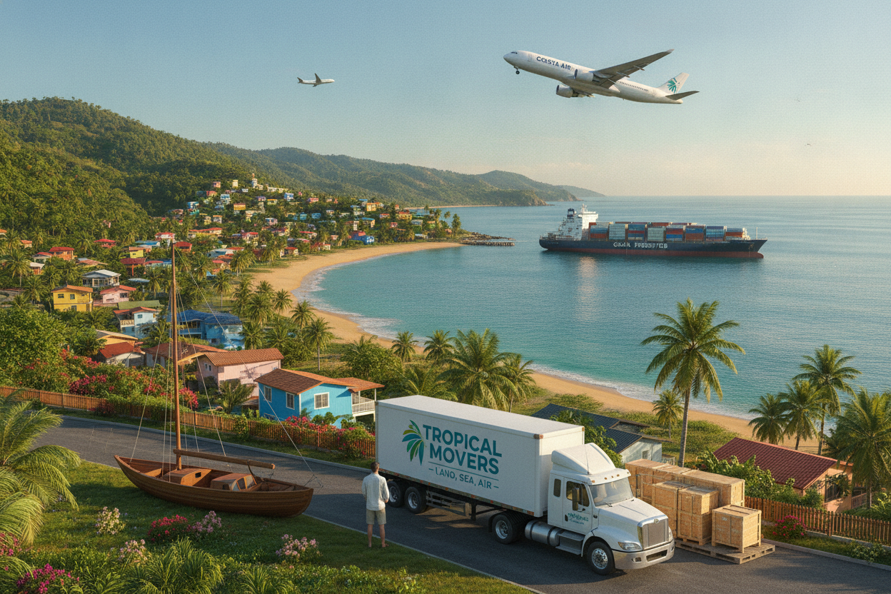 Costa Rican landscape featuring a vibrant coastal area with colorful homes and lush greenery