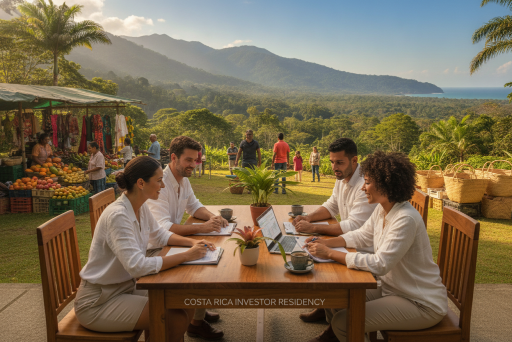 A serene Costa Rican landscape featuring a vibrant green jungle and distant mountains under a clear blue sky, with soft natural light illuminating the scene. In the foreground, casual professionals engage in a discussion over documents, dressed in modest, comfortable clothing, representing diverse backgrounds. They sit at a wooden table adorned with tropical plants and a laptop, symbolizing the business aspects of investor residency. In the middle ground, a colorful local market can be seen, showcasing the lively culture and community of Costa Rica. The background includes lush hills and hints of the ocean, creating a warm and inviting atmosphere. The focus is on collaboration and opportunity, embodying a sense of potential and growth for investor residents in Costa Rica. A serene Costa Rican landscape featuring a vibrant green jungle and distant mountains under a clear blue sky, with soft natural light illuminating the scene. In the foreground, casual professionals engage in a discussion over documents, dressed in modest, comfortable clothing, representing diverse backgrounds. They sit at a wooden table adorned with tropical plants and a laptop, symbolizing the business aspects of investor residency. In the middle ground, a colorful local market can be seen, showcasing the lively culture and community of Costa Rica. The background includes lush hills and hints of the ocean, creating a warm and inviting atmosphere. The focus is on collaboration and opportunity, embodying a sense of potential and growth for investor residents in Costa Rica.