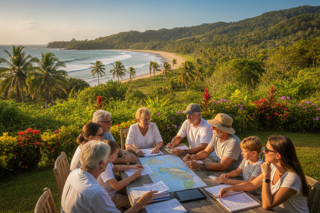 A serene Costa Rican landscape featuring a vibrant tropical setting with lush greenery, colorful flowers, and a clear blue sky. In the foreground, a diverse group of casually dressed individuals, a mix of retirees and families, are gathered around a table with paperwork and maps, discussing the residency eligibility criteria. In the middle ground, gentle rolling hills and palm trees sway in the breeze, drawing the viewer's eye towards a distant beach with soft waves. The sunlight casts a warm, inviting glow over the scene, enhancing the relaxed and hopeful atmosphere. Captured with a wide-angle lens to create depth, the image reflects the essence of retirement in Costa Rica, capturing both the beauty of the environment and the spirit of community. A serene Costa Rican landscape featuring a vibrant tropical setting with lush greenery, colorful flowers, and a clear blue sky. In the foreground, a diverse group of casually dressed individuals, a mix of retirees and families, are gathered around a table with paperwork and maps, discussing the residency eligibility criteria. In the middle ground, gentle rolling hills and palm trees sway in the breeze, drawing the viewer's eye towards a distant beach with soft waves. The sunlight casts a warm, inviting glow over the scene, enhancing the relaxed and hopeful atmosphere. Captured with a wide-angle lens to create depth, the image reflects the essence of retirement in Costa Rica, capturing both the beauty of the environment and the spirit of community.