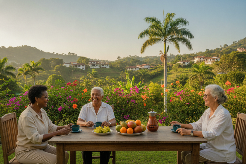 A serene Costa Rican landscape focusing on a peaceful retirement transition scene. In the foreground, a diverse group of three older adults, dressed in modest casual clothing, engage in conversation over a table filled with tropical fruits and coffee, showcasing a warm camaraderie. In the middle ground, a lush garden with vibrant flowers and palm trees adds color and life. The background features a gently rolling hillside with traditional Costa Rican houses under a clear blue sky, creating a tranquil atmosphere. The lighting is natural and soft, evoking a sense of peace and optimism for a new beginning. The composition is balanced and inviting, embodying the essence of a smooth transition to retirement in a beautiful, foreign land.