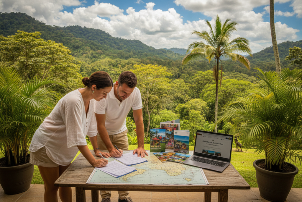 A serene Costa Rican landscape focusing on the essence of the Rentista Visa process. In the foreground, a casually dressed couple examines a detailed map and visa paperwork laid on a rustic wooden table, surrounded by tropical plants. They are engaged and focused, embodying a sense of professionalism and determination. In the middle, various elements like colorful brochures about Costa Rica's culture and lifestyle, alongside a laptop displaying visa information, enhance the theme of expert guidance. In the background, lush green hills and palm trees stretch under a bright blue sky filled with fluffy clouds, creating a warm, inviting atmosphere. The image is bathed in natural light, capturing the vibrant colors and tranquility of Costa Rica, and is shot from a slightly elevated angle for depth. The overall mood is optimistic and hopeful, reflecting the excitement of starting a new life in Costa Rica.