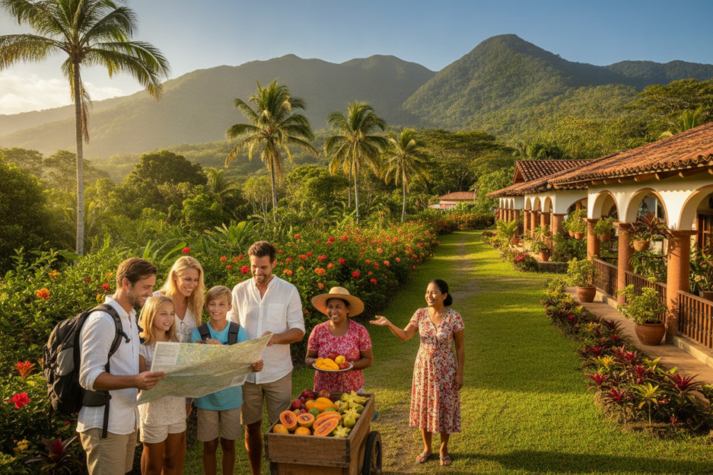 A serene Costa Rican landscape illustrating essential tips for settling into a new life. In the foreground, a diverse group of people in modest casual clothing happily interacting—an expatriate family examining a local map, a couple enjoying fresh tropical fruits from a street vendor, and a friendly local offering welcoming gestures. In the middle, vibrant greenery typical of Costa Rica, including palms, colorful flowers, and rustic homes with welcoming entrances. In the background, majestic mountains under a clear blue sky with soft, natural lighting casting gentle shadows. The scene conveys a warm, inviting atmosphere, emphasizing community, exploration, and new beginnings in a tropical paradise. A serene Costa Rican landscape illustrating essential tips for settling into a new life. In the foreground, a diverse group of people in modest casual clothing happily interacting—an expatriate family examining a local map, a couple enjoying fresh tropical fruits from a street vendor, and a friendly local offering welcoming gestures. In the middle, vibrant greenery typical of Costa Rica, including palms, colorful flowers, and rustic homes with welcoming entrances. In the background, majestic mountains under a clear blue sky with soft, natural lighting casting gentle shadows. The scene conveys a warm, inviting atmosphere, emphasizing community, exploration, and new beginnings in a tropical paradise.