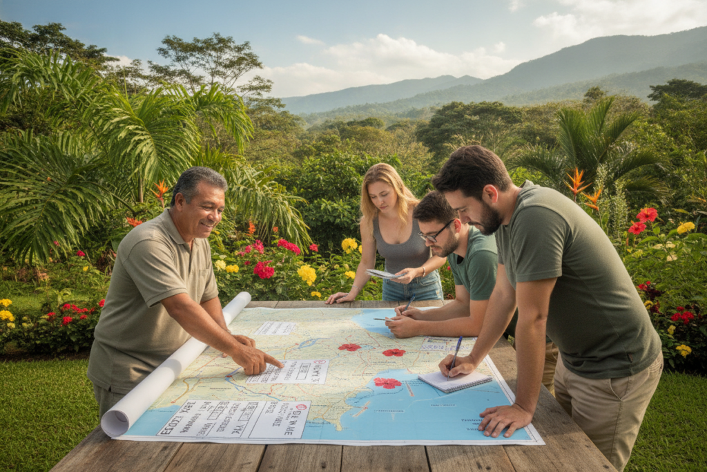 A serene Costa Rican landscape illustrating strategies for avoiding overstays, featuring a diverse group of casually dressed travelers consulting a local immigration expert in a vibrant tropical garden. In the foreground, the expert, a middle-aged Costa Rican with a friendly demeanor, gestures toward a map highlighting key travel dates and compliance tips. In the middle ground, a young couple looks engaged, taking notes. The background is filled with lush greenery, colorful flowers, and distant mountains under soft, natural light with a clear blue sky. The scene conveys a mood of cooperation and understanding, emphasizing the importance of compliance during their stay. The image captures the beauty of Costa Rica while focusing on the supportive community aspect of navigating travel regulations.