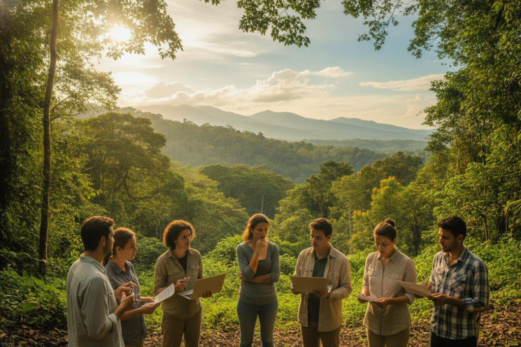 A serene Costa Rican landscape illustrating the impact of work stress on residency outcomes. In the foreground, a group of diverse professionals dressed in modest, casual clothing, visibly stressed yet engaged in conversation, holding papers and laptops amidst a lush green forest. In the middle ground, a tranquil office setting with large windows revealing vibrant views of nature, symbolizing the juxtaposition of work and relaxation. The background features a bright sky with soft clouds, capturing the calmness of Costa Rica's tropical environment. Utilize natural light to create a warm, inviting atmosphere, aimed at evoking contemplation and reflection on the relationship between work stress and outcomes in residency. The scene should prioritize harmony and balance, with a focus on the interplay between nature and the work environment.
