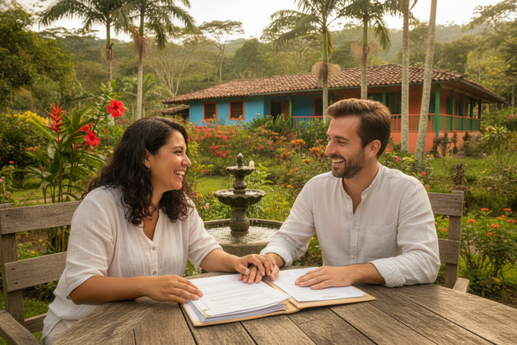 A serene Costa Rican landscape illustrating the residency by marriage process. In the foreground, a diverse couple seated at a wooden table, casually dressed, reviewing documents and smiling, symbolizing teamwork and unity. The middle ground features a lush tropical garden with vibrant flora such as hibiscus and palm trees, adding a natural and tranquil atmosphere. In the background, a colorful Costa Rican home with terra cotta roof tiles complements the scene. Soft, natural lighting enhances the warm and welcoming feel of the environment. The shot is taken from a slightly elevated angle, capturing both the couple and the beauty of their surroundings, creating an inviting mood that reflects community and hope.