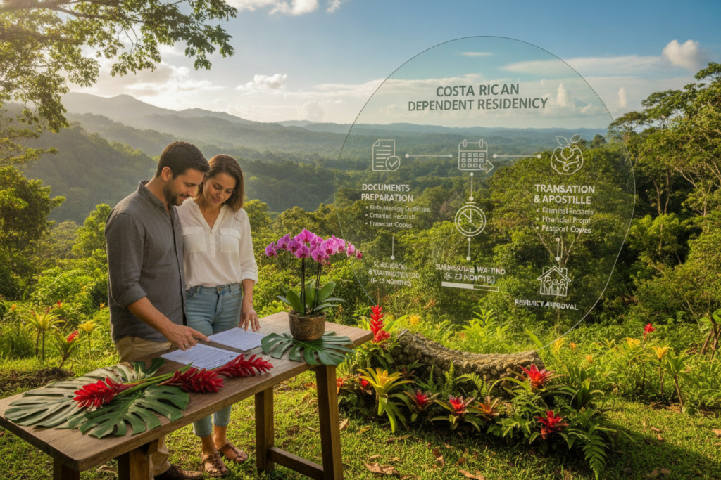 A serene Costa Rican landscape representing the steps and requirements for dependent residency. In the foreground, a professional couple casually dressed, standing together while reviewing documents on a wooden table adorned with tropical plants. In the middle, a beautifully designed infographic displays a simplified flowchart of residency steps illustrated with icons for documents, timelines, and checklists, blending seamlessly with the natural setting. The background features Costa Rica's lush green hills, vibrant tropical flowers, and a clear blue sky, capturing the essence of the country. Natural sunlight bathes the scene, creating a warm, inviting mood, with the soft focus of distant mountains highlighting the tranquility of the environment. The overall atmosphere conveys clarity, hope, and the promise of new beginnings. A serene Costa Rican landscape representing the steps and requirements for dependent residency. In the foreground, a professional couple casually dressed, standing together while reviewing documents on a wooden table adorned with tropical plants. In the middle, a beautifully designed infographic displays a simplified flowchart of residency steps illustrated with icons for documents, timelines, and checklists, blending seamlessly with the natural setting. The background features Costa Rica's lush green hills, vibrant tropical flowers, and a clear blue sky, capturing the essence of the country. Natural sunlight bathes the scene, creating a warm, inviting mood, with the soft focus of distant mountains highlighting the tranquility of the environment. The overall atmosphere conveys clarity, hope, and the promise of new beginnings.