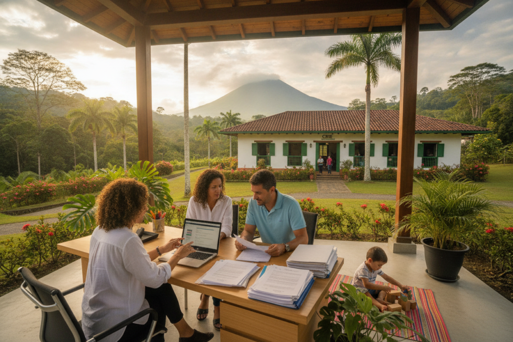 A serene Costa Rican landscape showcases the residency process, featuring a diverse group of casually dressed individuals, including a woman with a laptop consulting paperwork, a man reviewing documents, and a child playing nearby. In the foreground, a modern office set-up with a desk and tropical plants creates a welcoming atmosphere. In the middle ground, a local government building is visible, symbolizing the CRIE (Consejo de Residentes de Costa Rica) office where consultations occur, surrounded by lush greenery and palm trees. The background reveals a vibrant sky with soft, natural light filtering through. The overall mood conveys professionalism and warmth, highlighting the approachable nature of navigating residency in Costa Rica. Use a wide-angle lens for depth and clarity, capturing the essence of the locale and the process.