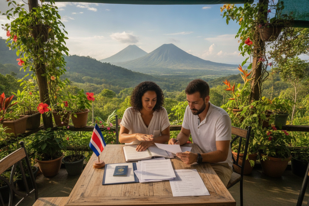A serene Costa Rican landscape showcasing a couple sitting at a wooden table in a cozy café surrounded by lush greenery and tropical flowers. The foreground features the couple, dressed in casual, modest clothing, reviewing documents related to marriage visa requirements. In the middle, the table is adorned with a Costa Rican flag and essential documents like passports, marriage certificates, and a checklist, reflecting the theme of eligibility and essential document requirements. The background highlights vibrant, rolling hills and distant volcanoes under a clear blue sky, bathed in soft, natural sunlight. The overall mood is calm and inviting, emphasizing a sense of preparation and hope for the future.
