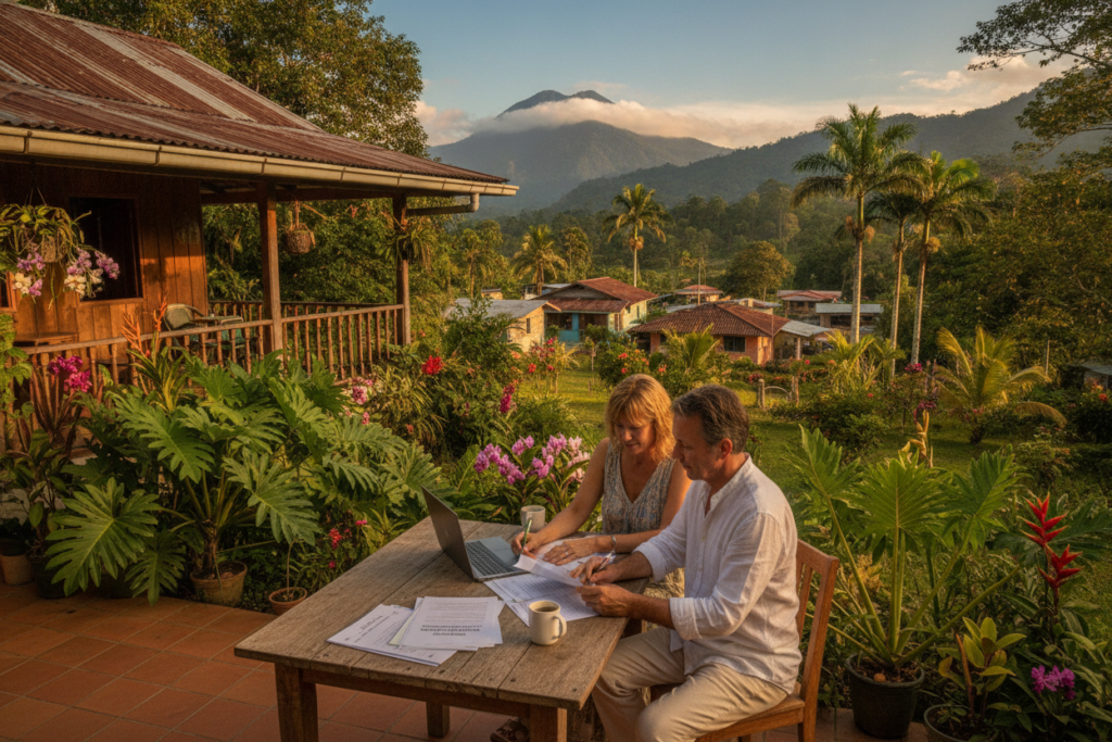 A serene Costa Rican landscape showcasing a cozy home with lush tropical gardens and a clear blue sky. In the foreground, a couple dressed casually are reviewing documents on a patio table, embodying the theme of maintaining residency status. The middle ground features vibrant greenery, flowering plants, and a glimpse of nearby mountains, creating a sense of tranquility and connection to nature. The background subtly hints at a local community, such as small houses and palm trees swaying in the breeze. The lighting is warm and natural, captured as if during golden hour, enhancing the inviting atmosphere and emphasizing the importance of a stable and peaceful life in Costa Rica. A serene Costa Rican landscape showcasing a cozy home with lush tropical gardens and a clear blue sky. In the foreground, a couple dressed casually are reviewing documents on a patio table, embodying the theme of maintaining residency status. The middle ground features vibrant greenery, flowering plants, and a glimpse of nearby mountains, creating a sense of tranquility and connection to nature. The background subtly hints at a local community, such as small houses and palm trees swaying in the breeze. The lighting is warm and natural, captured as if during golden hour, enhancing the inviting atmosphere and emphasizing the importance of a stable and peaceful life in Costa Rica.