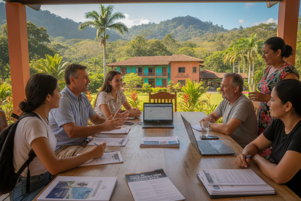 A serene Costa Rican landscape showcasing a diverse group of individuals, including immigrants and locals, engaging in a friendly discussion around a table outside beneath a bright blue sky. In the foreground, a middle-aged man in casual clothes gestures while explaining the immigration process, surrounded by materials like brochures and laptops. The middle ground features green hills dotted with tropical trees, hinting at the country’s lush biodiversity. The background shows a colorful building representative of an immigration office, blending harmoniously with the natural surroundings. The scene is bathed in natural light, enhancing the welcoming atmosphere, which conveys a sense of community and collaboration in navigating immigration in Costa Rica.