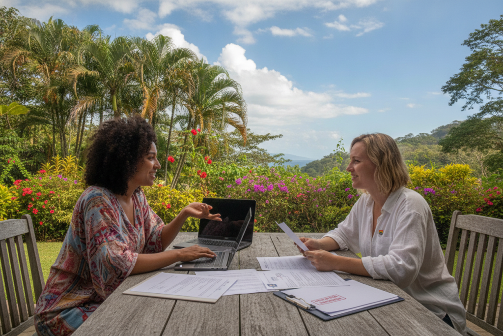 A serene Costa Rican landscape showcasing a picturesque tropical scene; in the foreground, a diverse couple seated at a rustic wooden table, both casually dressed in colorful, comfortable attire, engaged in a discussion with papers and a laptop in front of them, symbolizing collaboration and success in their residency application. In the middle ground, lush green palm trees and vibrant flowering plants create a welcoming atmosphere. The background features a bright blue sky with fluffy white clouds, adding warmth and optimism to the scene. Soft, natural light illuminates the setting, casting gentle shadows that enhance the relaxed, inviting mood. The overall composition conveys a sense of community, hope, and determination for same-sex spouses navigating residency in Costa Rica.