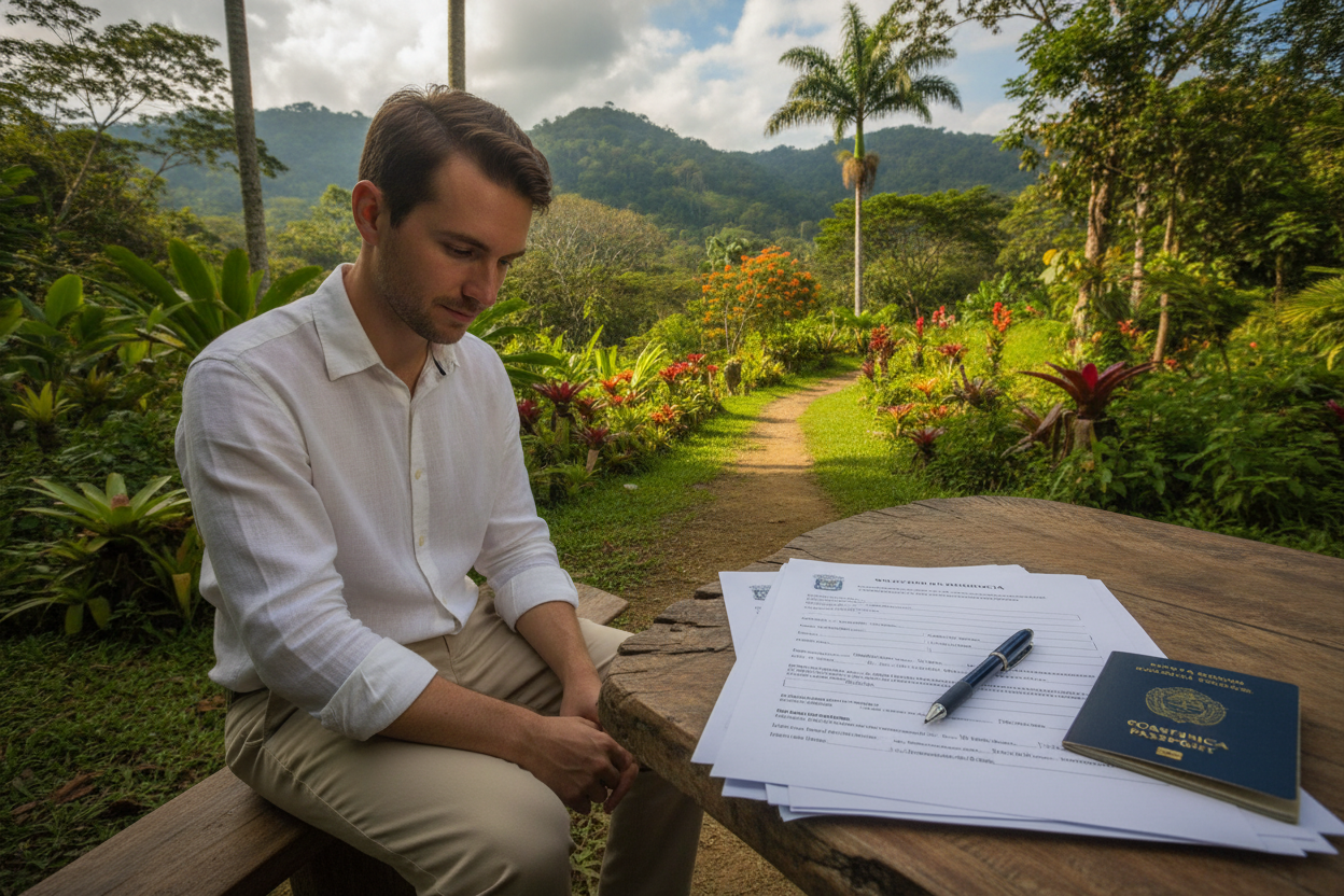A serene Costa Rican landscape showcasing a professional individual in modest business attire thoughtfully examining documents on a rustic table under natural light. In the foreground, a close-up of the documents, including a passport application and a pen, conveys the residency process. The middle ground features lush green foliage and a glimpse of a sunlit pathway, symbolizing the journey ahead. In the background, a scenic view of rolling hills and vibrant tropical trees enhances the idea of navigating through challenges. The overall atmosphere is one of focus and optimism, highlighting determination and clarity while avoiding common challenges in the residency process. Soft shadows add depth and warmth to the image, ensuring a photorealistic quality.