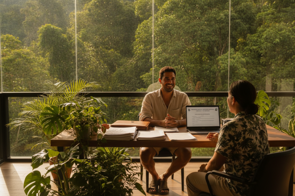 A serene Costa Rican landscape showcasing a tranquil office setting with a wooden desk and tropical plants in the foreground, symbolizing residency renewal. A friendly professional, casually dressed in tropical attire, consults with another individual seated across the desk. In the middle ground, stacks of papers and a laptop open to a government website related to residency can be seen, emphasizing the administrative aspect. The background features a large window overlooking a lush rainforest, with dappled sunlight filtering through the leaves, creating a warm and inviting atmosphere. The scene should convey a sense of ease and reassurance, highlighting the smooth process of residency renewal in Costa Rica.
