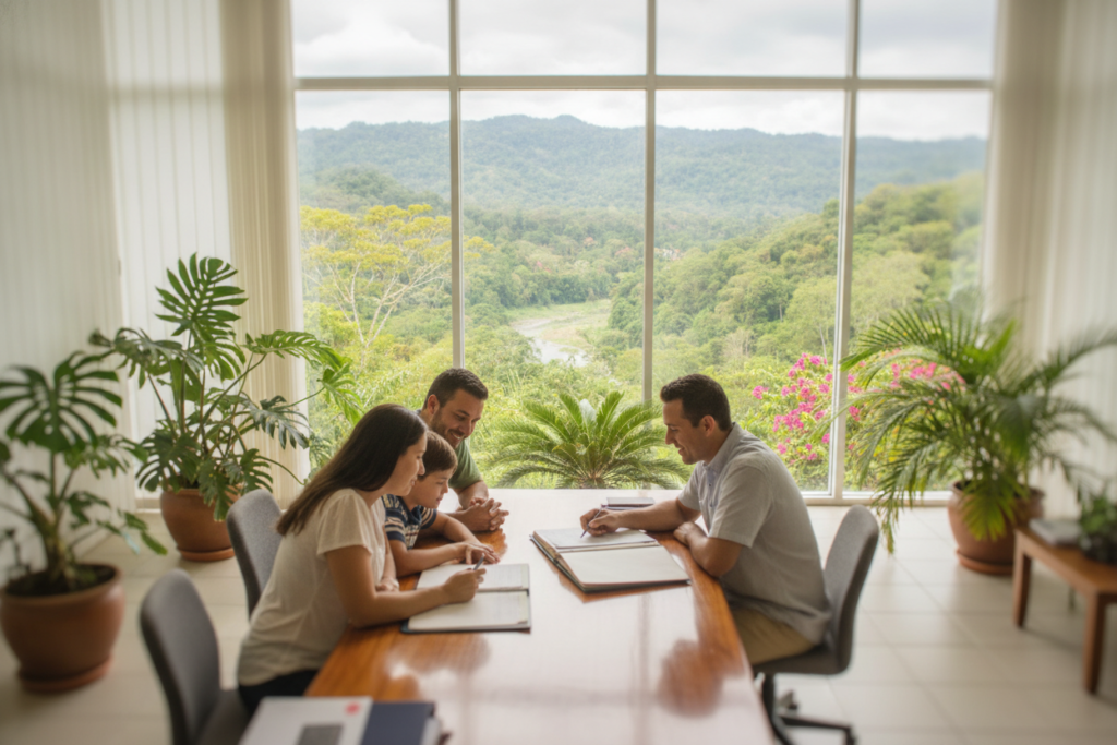 A serene Costa Rican landscape showcasing a tranquil residency office environment. In the foreground, a friendly immigration officer in casual attire is helping a family of three with their residency renewal papers, all appearing focused and relaxed. The middle ground features a bright, inviting office space adorned with tropical plants and large windows allowing natural light to flood the room, enhancing the peaceful atmosphere. In the background, a lush green landscape with rolling hills and vibrant flora captures the essence of Costa Rica. The overall mood is warm and welcoming, portraying an efficient and stress-free residency process, with a soft focus lens effect that emphasizes the positive experience. A serene Costa Rican landscape showcasing a tranquil residency office environment. In the foreground, a friendly immigration officer in casual attire is helping a family of three with their residency renewal papers, all appearing focused and relaxed. The middle ground features a bright, inviting office space adorned with tropical plants and large windows allowing natural light to flood the room, enhancing the peaceful atmosphere. In the background, a lush green landscape with rolling hills and vibrant flora captures the essence of Costa Rica. The overall mood is warm and welcoming, portraying an efficient and stress-free residency process, with a soft focus lens effect that emphasizes the positive experience.