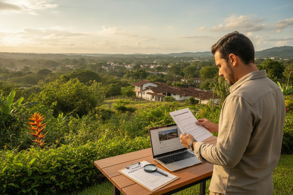 A serene Costa Rican landscape showcasing a vibrant natural setting with lush greenery and tropical plants, representing safety and vigilance against fraudulent residency services. In the foreground, display a professional person in modest casual clothing, examining a document with a look of concentration and caution. In the middle, depict a table with essential items like a magnifying glass, a checklist titled "Fraud Protection Tips," and a laptop displaying a reputable immigration service website. In the background, include a picturesque scene of Costa Rican architecture, with clear skies and warm, natural lighting creating a sense of tranquility. The overall mood should evoke a sense of awareness and preparedness, emphasizing the importance of protecting oneself from fraud.