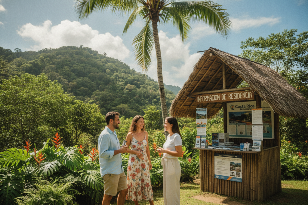 A serene Costa Rican landscape showcasing a vibrant scene relevant to residency information. In the foreground, a diverse group of three casually dressed individuals (one man and two women) engaged in a discussion with friendly expressions, surrounded by tropical greenery. The middle ground features a rustic information booth with brochures about residency options, under a large palm tree. The background highlights a bright blue sky, with soft, white clouds floating above a lush hillside. The atmosphere is warm and inviting, embodying a sense of community and helpfulness. Natural sunlight streams in, casting gentle shadows, with a shallow depth of field to emphasize the group and booth.