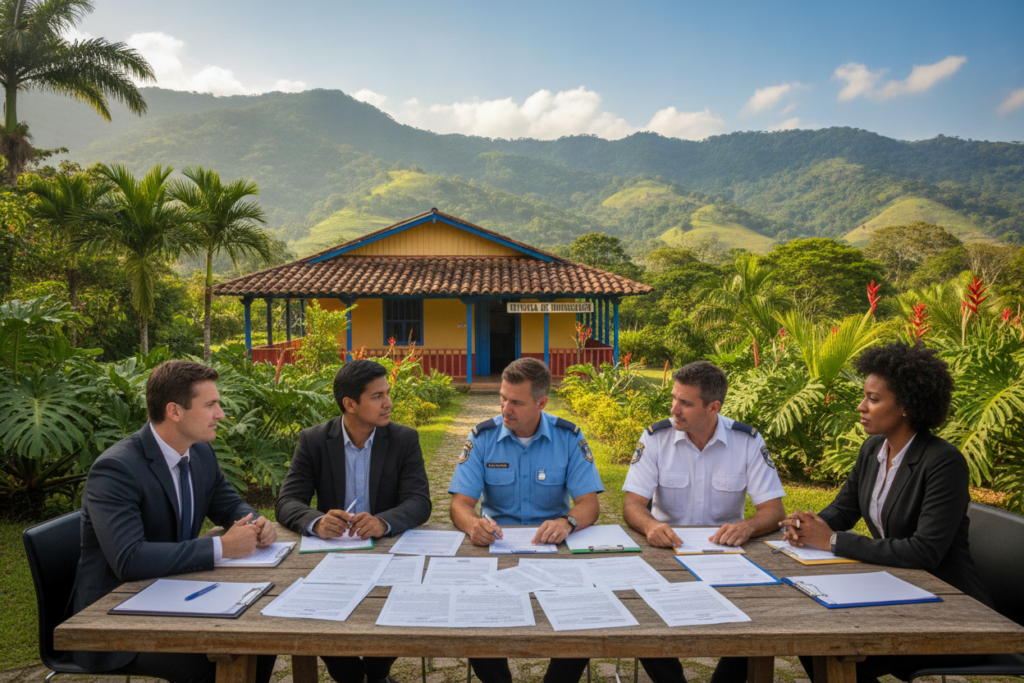 A serene Costa Rican landscape showcasing a vibrant scene representing the timing and processing for residency. In the foreground, a diverse group of individuals in professional business attire, including a Costa Rican immigration officer and applicants, are engaged in discussion over documents at a wooden table filled with forms and legal papers. The middle ground features lush greenery typical of Costa Rica, with tropical plants and palm trees surrounding a small, colorful building that represents an immigration office. The background presents a clear blue sky with soft, natural light illuminating the scene, evoking a hopeful and welcoming atmosphere. A distant view of rolling hills adds depth to the composition, capturing the essence of Costa Rica's natural beauty and the importance of timely legal processing.