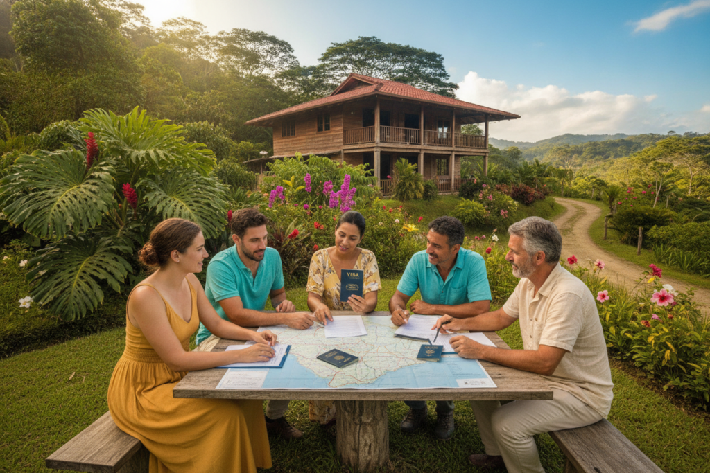 A serene Costa Rican landscape showcasing a vibrant travel scene depicting key considerations for foreigners regarding visa issues. In the foreground, a casual group of diverse individuals engaging in conversation while reviewing immigration documents and maps. They should be dressed in bright, light clothing, representing a relaxed yet thoughtful mood. In the middle ground, include iconic Costa Rican elements such as lush greenery, tropical flowers, and a glimpse of a traditional wooden house. The background features a clear blue sky with softly diffused sunlight, casting pleasant, natural light on the scene. Use a wide-angle lens to capture the expansive beauty of the area, evoking a sense of both tranquility and seriousness regarding visa obligations.