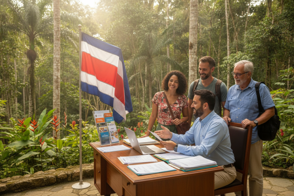 A serene Costa Rican landscape showcasing a welcoming office space dedicated to residency applications. In the foreground, a friendly, casually dressed professional sits at a desk filled with documents and a laptop, smiling and assisting a diverse group of applicants. The middle ground features a large, colorful Costa Rican flag and informational brochures about residency options. In the background, lush greenery and tropical trees create an inviting atmosphere, with gentle sunlight filtering through the leaves, enhancing the warm and inviting mood. The scene should reflect a sense of hope and opportunity for foreign workers seeking residency in Costa Rica. Use natural light to convey a feeling of clarity and openness, with a slight depth of field to emphasize the applicants.