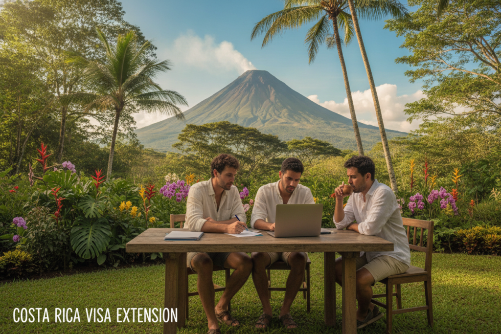 A serene Costa Rican landscape showcasing an overview of the visa extension process. In the foreground, a diverse group of three people, casually dressed, are discussing papers and a laptop, symbolizing the visa extension application. The middle ground features tropical flora unique to Costa Rica, with vibrant green leaves and blossoming flowers. In the background, the iconic silhouette of a volcano can be seen against a bright blue sky with fluffy clouds, emphasizing a sense of tranquility and exploration. Soft, natural sunlight bathes the scene, creating a warm and inviting atmosphere. The perspective captures a slight angle, drawing viewers into the interaction, while maintaining the focus on the essence of the visa extension theme.