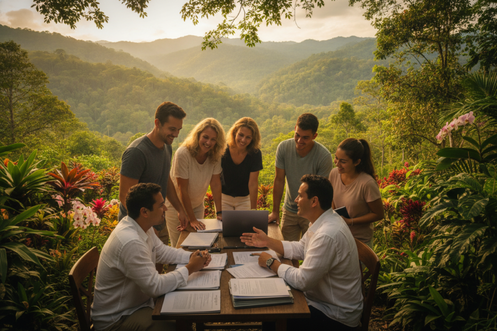 A serene Costa Rican landscape showcasing iconic features such as lush green mountains and vibrant tropical flora in the background. In the foreground, a diverse group of individuals, casually dressed, collaborate with a professional local consultant who is explaining residency requirements, utilizing paperwork and a laptop. The scene is bathed in natural sunlight, enhancing the warm, friendly atmosphere indicative of Costa Rican culture. The individuals display expressions of interest and engagement, with tropical plants framing the scene to emphasize the location. Use a slightly elevated angle to capture both the group interaction and the stunning natural backdrop, evoking a sense of hope and adventure in navigating the residency process.