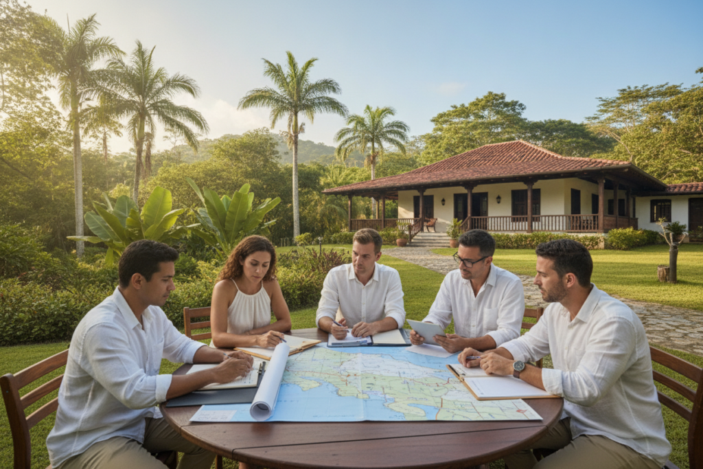 A serene Costa Rican landscape showcasing key legal themes related to residency. In the foreground, a diverse group of professionals, dressed in smart casual attire, are engaged in a discussion over legal documents and maps. The middle ground features iconic Costa Rican elements such as lush greenery, palm trees, and a typical colonial-style house symbolizing local law and culture. The background displays a clear blue sky with soft, natural sunlight creating a warm and inviting atmosphere. The scene captures a balance of professionalism and the relaxed vibe of Costa Rica, inviting viewers to explore the legal landscape of residency in this beautiful country. The composition is well-framed, emphasizing harmony between nature and the legal conversation.
