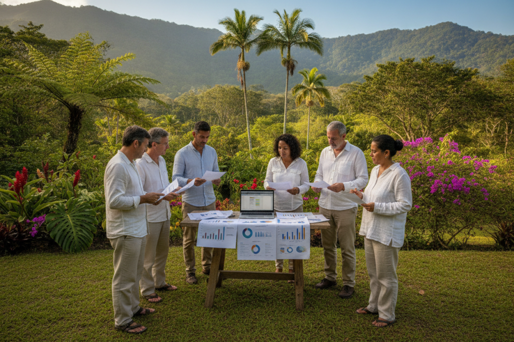 A serene Costa Rican landscape showcasing lush greenery and vibrant tropical plants, symbolizing prosperity and growth. In the foreground, a diverse group of individuals dressed in modest casual clothing engage in a discussion, analyzing documents related to investment and residency. The middle ground features a rustic wooden table strewn with charts, graphs, and a laptop displaying financial information. In the background, iconic Costa Rican elements such as palm trees and gentle mountains under a clear blue sky add to the ambiance. The scene is illuminated by soft, natural light, creating an inviting and professional atmosphere. The focus should be on the collaborative effort of the individuals as they navigate the intricacies of source of funds for residency.
