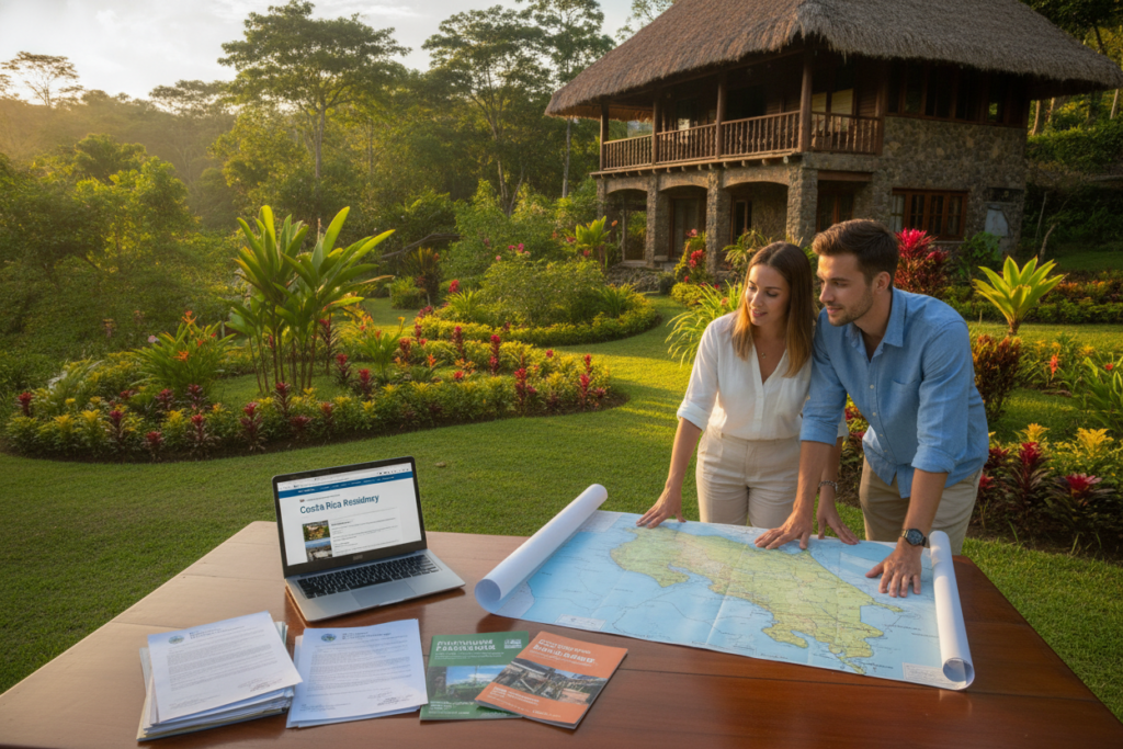A serene Costa Rican landscape showcasing resources for residency preparation. In the foreground, a wooden table adorned with essential documents, a laptop, and brochures about residency options. Nearby, a couple in casual yet professional attire peruses a map of Costa Rica, appearing engaged and thoughtful. In the middle ground, lush green gardens with tropical plants and vibrant flowers represent the beauty of Costa Rica, while a soft, inviting rustic building serves as a backdrop. The sun casts warm, natural light, creating a welcoming atmosphere. The scene is captured from a slightly elevated angle to encompass both the couple's interaction with the resources and the picturesque surroundings, evoking a sense of hope and opportunity for those preparing for residency. A serene Costa Rican landscape showcasing resources for residency preparation. In the foreground, a wooden table adorned with essential documents, a laptop, and brochures about residency options. Nearby, a couple in casual yet professional attire peruses a map of Costa Rica, appearing engaged and thoughtful. In the middle ground, lush green gardens with tropical plants and vibrant flowers represent the beauty of Costa Rica, while a soft, inviting rustic building serves as a backdrop. The sun casts warm, natural light, creating a welcoming atmosphere. The scene is captured from a slightly elevated angle to encompass both the couple's interaction with the resources and the picturesque surroundings, evoking a sense of hope and opportunity for those preparing for residency.