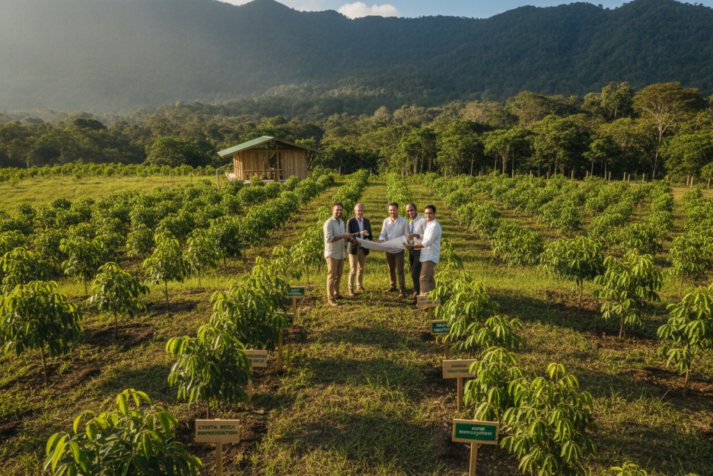 A serene Costa Rican landscape showcasing sustainable investment opportunities, with lush reforestation efforts in the foreground. Show rows of thriving native trees with vibrant green foliage and small signs indicating reforestation projects. In the middle ground, depict a diverse group of casually dressed professionals discussing the investment potential, radiating enthusiasm and teamwork. The background features the majestic mountains and a clear blue sky, capturing the essence of the Costa Rican climate. Use natural lighting to create a warm and inviting atmosphere, with soft shadows enhancing the scene. The angle should be slightly elevated, providing a wide view of the investment site, making the viewer feel immersed in this eco-friendly initiative.