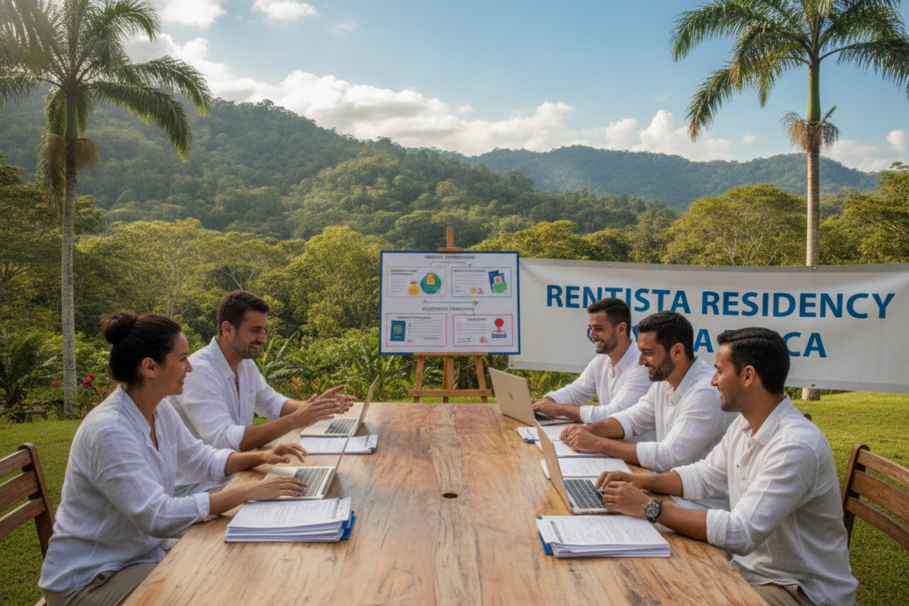 A serene Costa Rican landscape showcasing the application process for Rentista Residency. In the foreground, a diverse group of applicants sitting at a wooden outdoor table with forms and laptops, dressed in casual but professional clothing. The middle ground features a presentation board with infographics outlining steps such as financial requirements, document submissions, and interviews. In the background, lush green mountains and palm trees, under bright blue skies, create a vibrant atmosphere. Soft natural light filters through, enhancing the friendly and encouraging mood of the scene. The focus is on the collaboration and determination of the applicants, captured from a slightly elevated angle to encompass the entire setting.