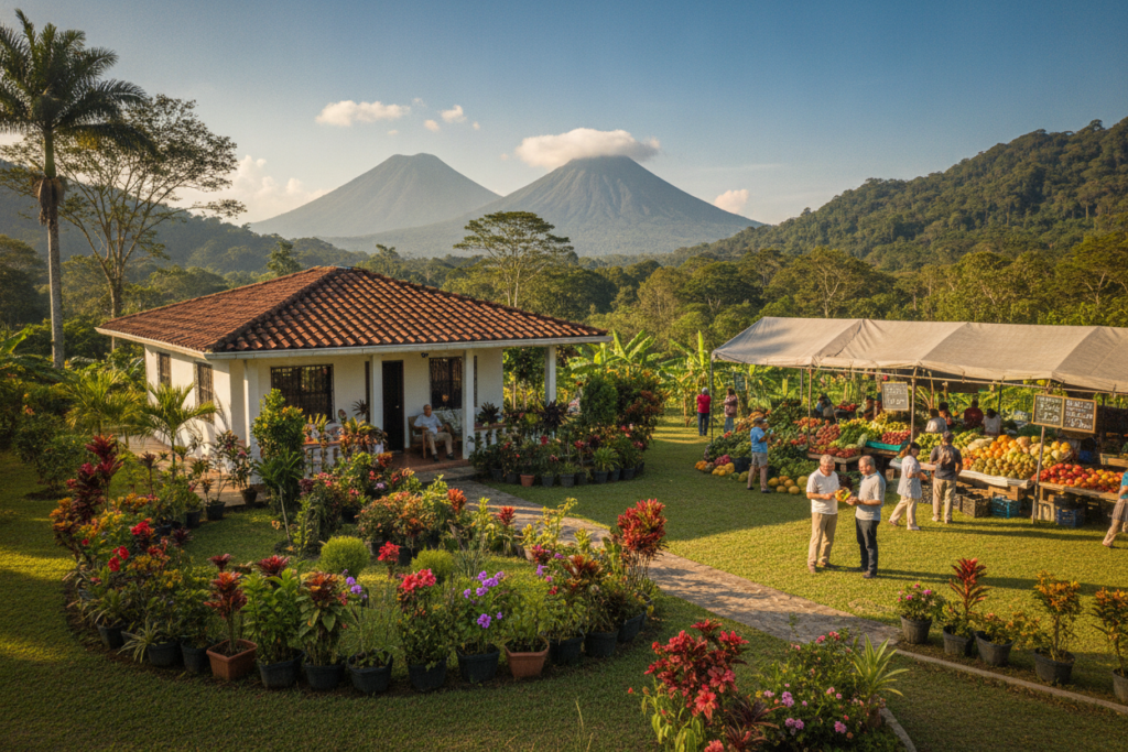 A serene Costa Rican landscape showcasing the cost of living, featuring a modest, beautifully landscaped home with vibrant tropical plants and a well-tended garden in the foreground. In the middle ground, depict locals engaging in daily activities, such as buying fresh produce at a colorful farmers market, illustrating the affordability of local goods. In the background, include lush green hills and distant volcanoes under a clear blue sky, emphasizing the natural beauty of the region. Use natural sunlight to create a warm and inviting atmosphere, capturing a lively yet relaxed community vibe. The scene should reflect a comfortable, affordable lifestyle for retirees in Costa Rica, with casually dressed individuals enjoying their surroundings.