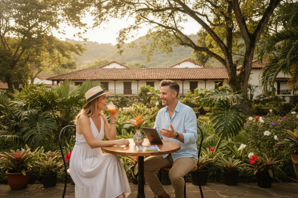 A serene Costa Rican landscape showcasing vibrant greenery and tropical flora, with a focus on a professional couple in the foreground engaged in conversation about residency options. They are casually dressed in light, comfortable clothing, sitting at an outdoor café table surrounded by lush plants and flowers. In the middle background, a subtle representation of Costa Rica's architecture can be seen, hinting at local culture. The scene is illuminated by warm, natural sunlight creating a welcoming atmosphere. The entire setting conveys a mood of professionalism and expertise while remaining relaxed and inviting, perfect for discussing insights on residency through marriage.